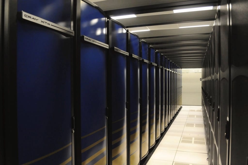 Rows of server racks in a data centre aisle